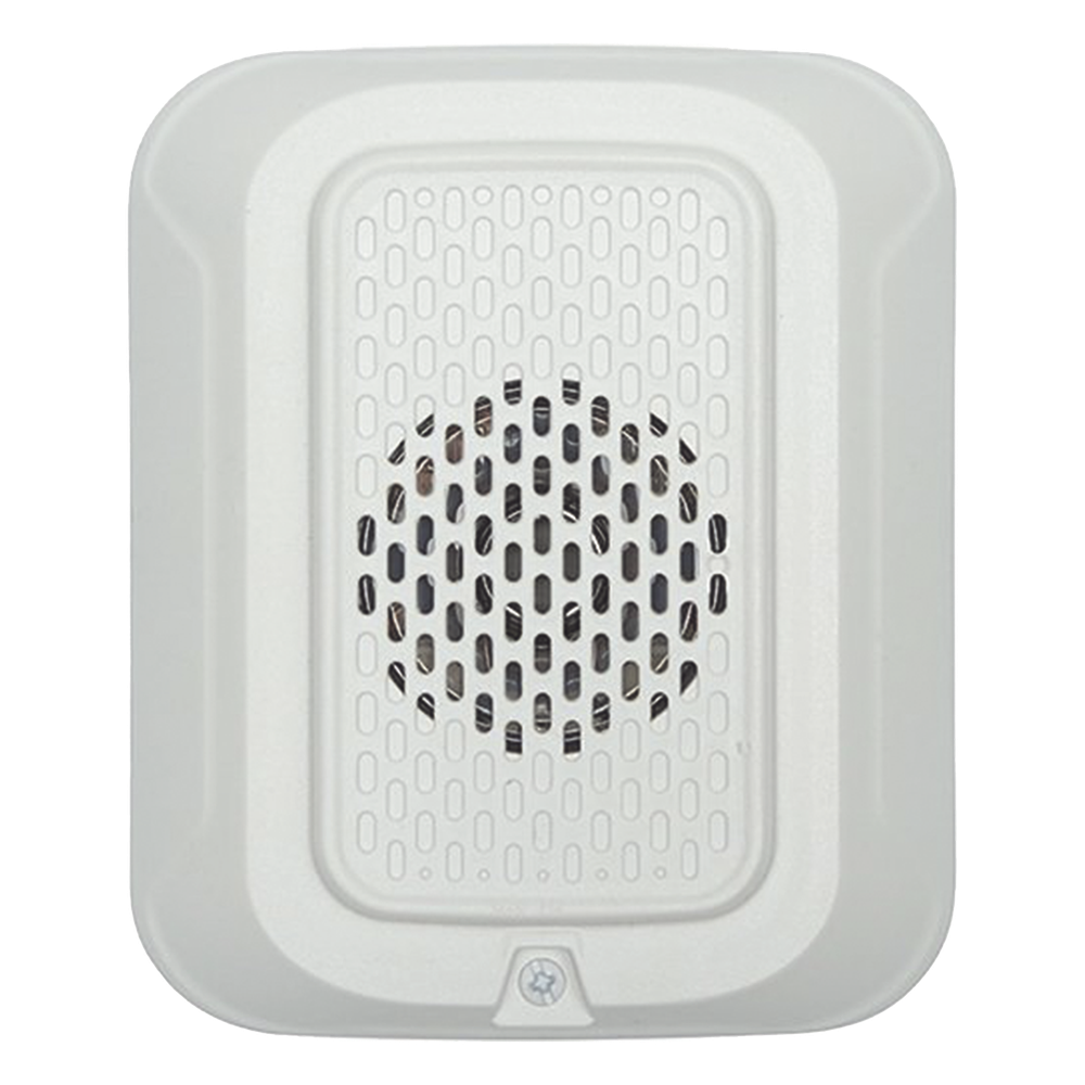 Sonorizador de baja frecuencia de 520 Hz para pared, 24 Vcd, cumple NFPA 72 en áreas de descanso, tonos temporal y continuo, color blanco