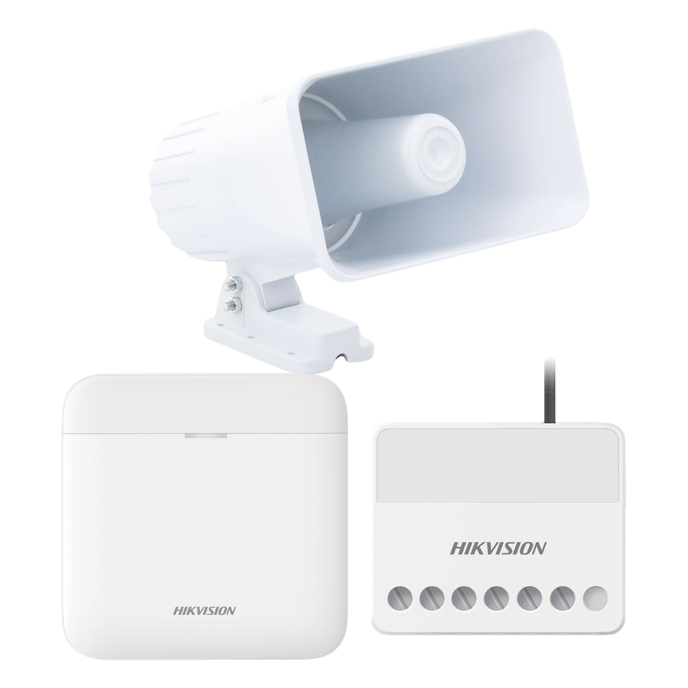 (AXPRO) KIT de alarma AX PRO con sirena cableada 30W / Incluye: 1 Hub con Batería de respaldo / 1 Sirena Cableada de 30 Watts IP65 / 1 Relevador Inalámbrico 0 a 36 VCC / Compatible con Hik-Connect P2P