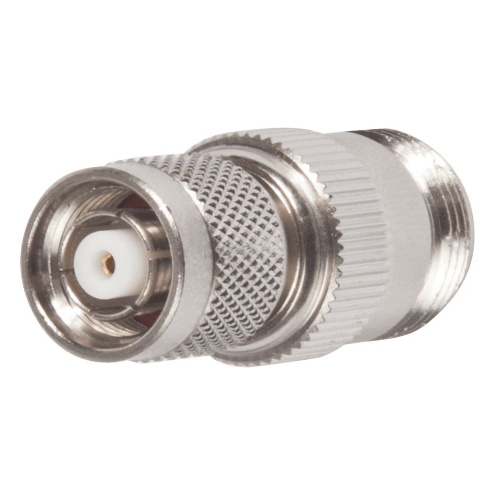 Adaptador en Línea, de Conector TNC Macho Inverso a N Hembra, Niquel/ Oro/ Teflón.