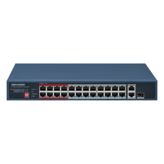 Switch PoE+ / No Administrable / 24 Puertos 10/100 Mbps PoE+ / 2 Puertos 1000 Mbps Uplink / 1 Puerto SFP Uplink / Modo Extendido hasta 300 Metros / 230 W