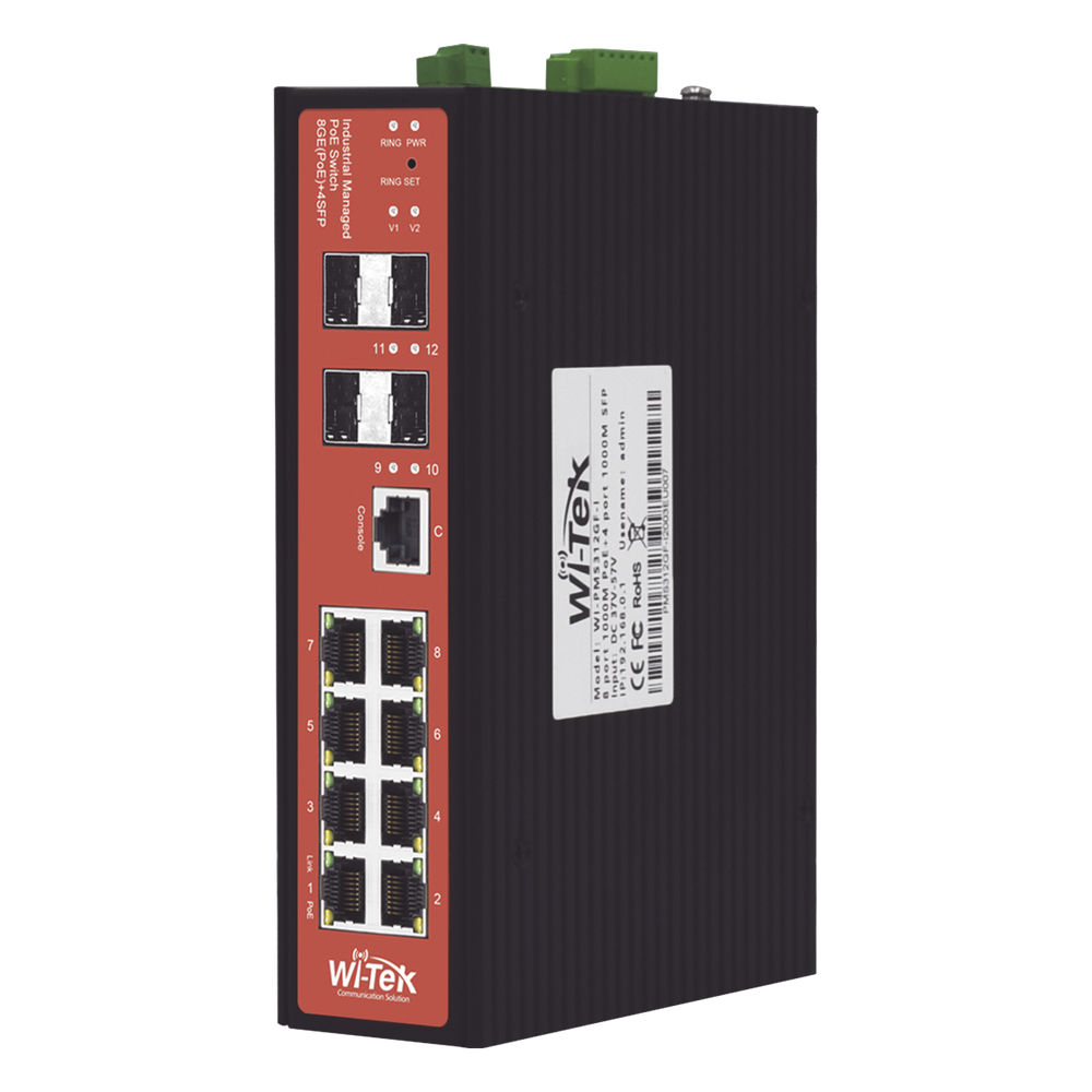 Switch Industrial Administrable / PoE Mixto 24/48V / 8 Puertos Gigabit + 4 SFP / Puertos 3-4 802.3 af/at/bt 60W / Protección 8kV / Riel DIN