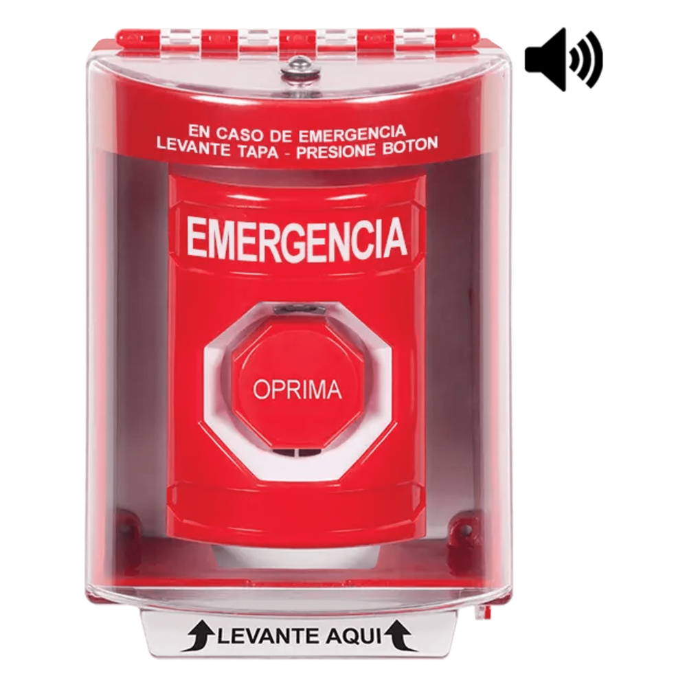 Botón Multipropósito, Color Rojo, De Superficie con Espaciador, C/Tapa De Policarbonato, C/Bocina Pre Alarma, Interior/Exterior, Llave Para Restablecer, Texto De Emergencia, Español