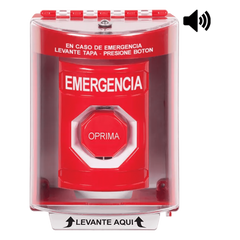 Botón Multipropósito, Color Rojo, De Superficie con Espaciador, C/Tapa De Policarbonato, C/Bocina Pre Alarma, Interior/Exterior, Llave Para Restablecer, Texto De Emergencia, Español