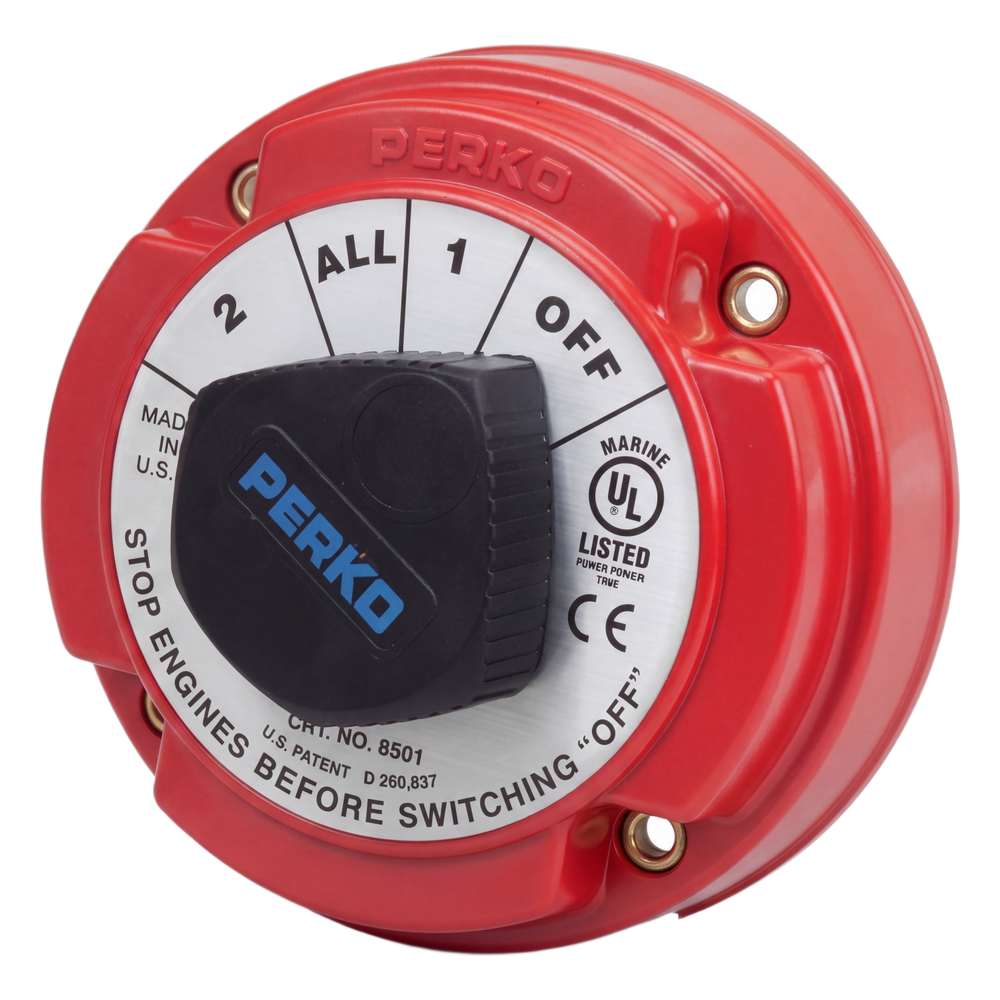 Switch Selector de Batería Marina PERKO 8501 / 250A Continuos 360A Intermitentes / 6-32 VCC / Encendido Protegido / Selector 1-2-Both-Off / Desconexión de Alternador
