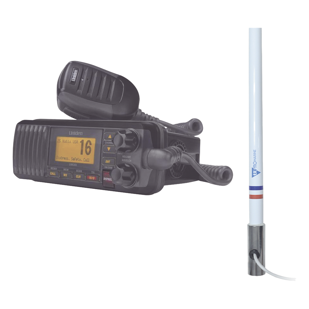 Kit de radio UM385BK | mas antena marina de fibra de vidrio TX-5101SYS/10M fabricada en fibra de vidrio con base roscable de acero inoxidable