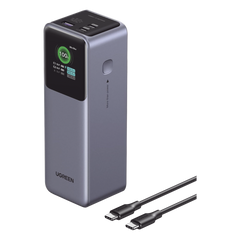 Power Bank de 25000mAh | 3 Salidas 200W Max. | USB-A + 2 USB-C | PD 3.0, QC3.0 | FCP | SCP | Pantalla Inteligente | Carcasa Ignifuga | Color Gris | Incluye Cable USB de 50cm | Carga tu Laptop de Manera Segura.