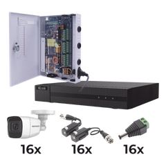 KIT TurboHD 1080p / DVR 16 Canales / 16 Cámaras Bala Policarbonato con Microfono (exterior 2.8 mm) / Transceptores / Conectores / Fuente de Poder Profesional