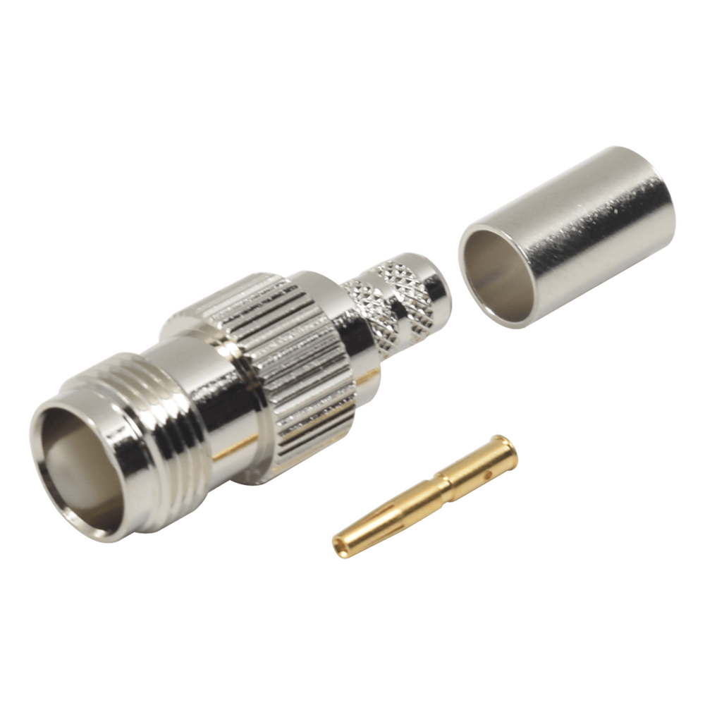 Conector TNC Hembra de Anillo Plegable para Cables RG-8/X, LMR-240, Grupo X, Níquel/ Oro/ Delrin.
