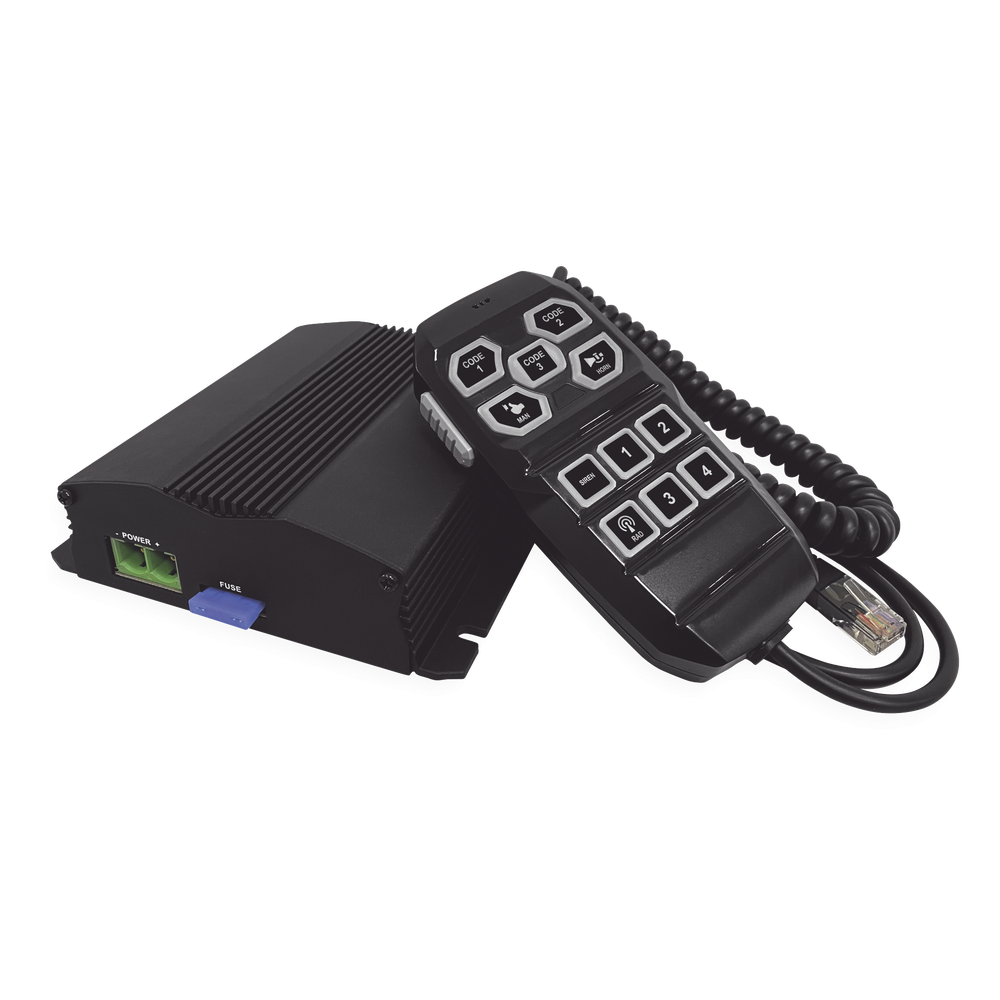 Sirena Vehicular de 100W de Potencia, Incluye Controlador Unimando Para Control de Tonos, 4 Salidas Auxiliares y Microfono