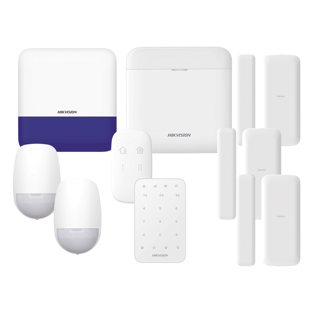 (AX PRO) KIT de Alarma AX PRO / Incluye: 1 Hub con batería de respaldo/ 2 Sensores PIR / 3 Contactos Magnéticos mini / 1 Control Remoto / 1 Sirena Inalambrica Exterior /1 Teclado Inalámbrico / WiFi / Compatible con Hik-Connect P2P