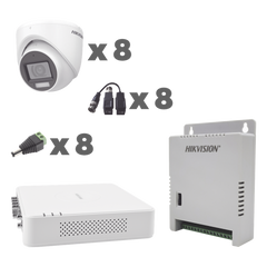 KIT TurboHD 1080p / DVR 8 Canales con audio por coaxitron / 8 Cámaras con Micrófono Integrado 101° Visión/  luz blanca + IR visión nocturna  / Transceptores / Conectores / Fuente de Poder Profesional