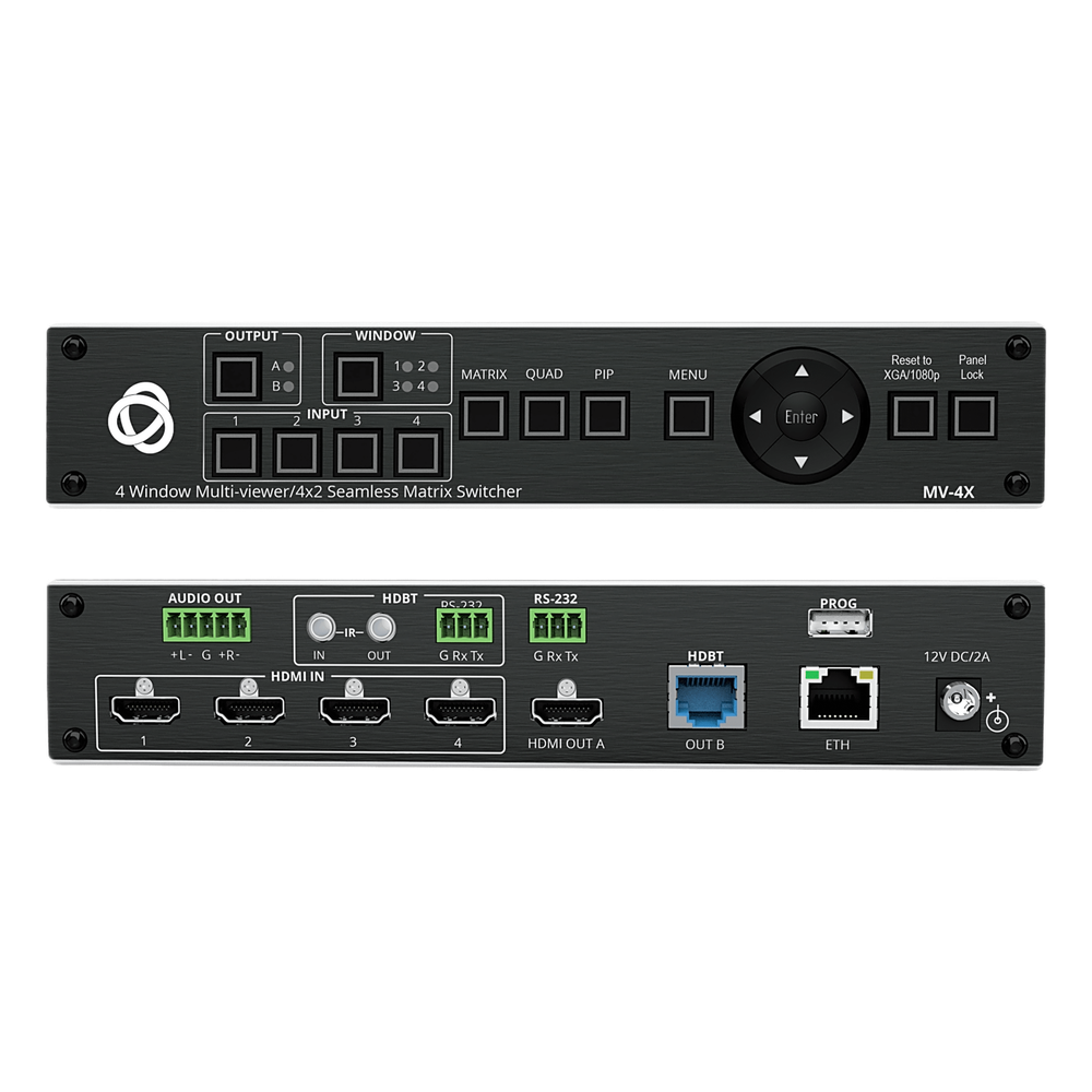 Matrix HDMI 4x2 con Escalado Integrado | Multi-Ventana | 4K@60Hz 4:4:4 | HDBT y HDMI | HDCP 2.3 | Conmutación Sin Corte | PiP-PoP | Control Web