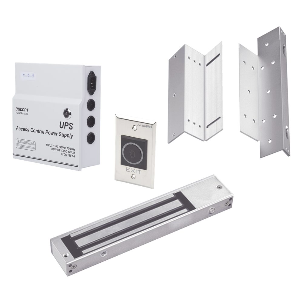 Kit para control de acceso incluye Fuente de 12VCD con respaldo de batería/ Chapa magnética de 600Lbs / Montajes L y Z / Botón de salida