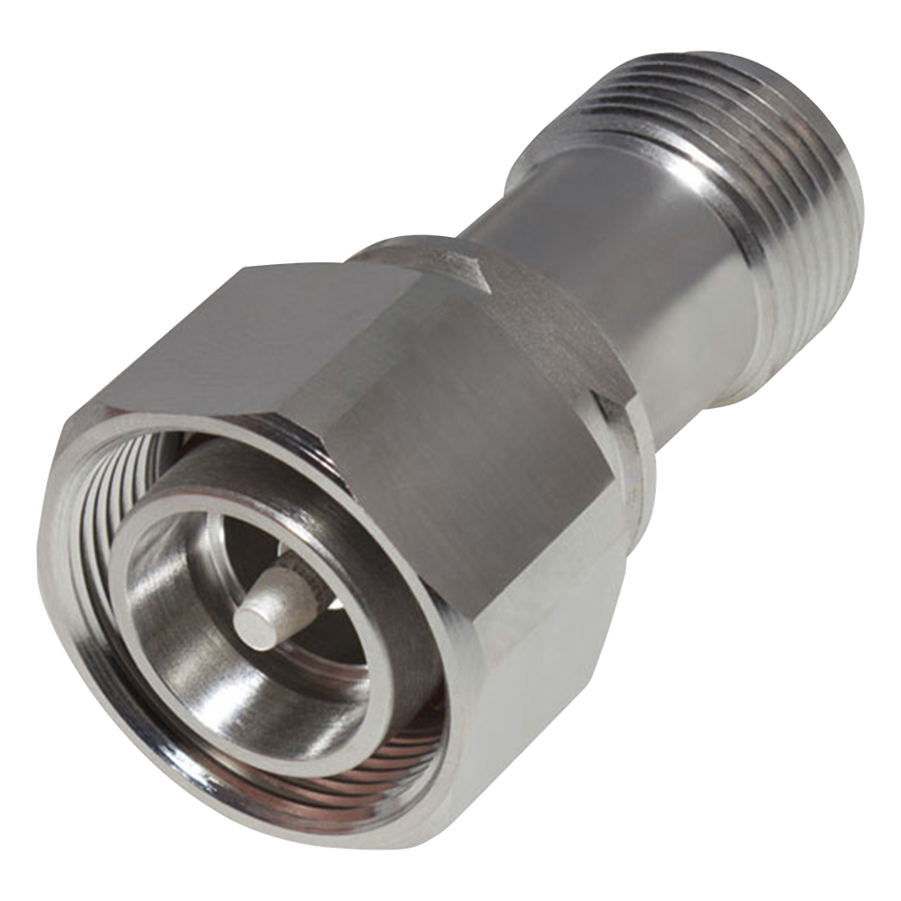 Adaptador en Línea de Conector 4.3-10 Macho a N Hembra, Bronce Blanco/ Plata/ Teflón.