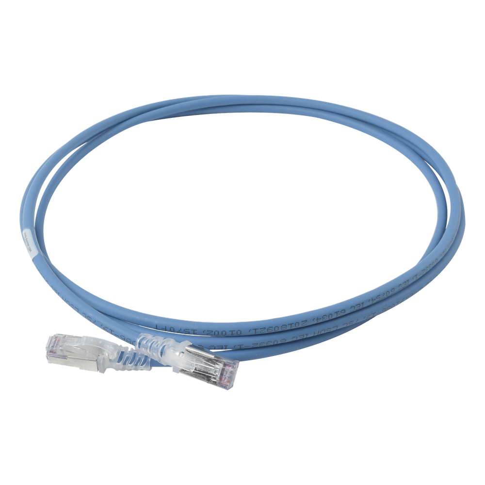 Patch Cord Skinny Cat6A Blindado S/FTP, 2.13 Metros (7 Pies), Diámetro Reducido 28 AWG, Color Azul