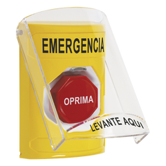 Botón Multipropósito, Color Amarillo, De Superficie, Con Tapa De Policarbonato, Con Bocina Pre Alarma, Solo Interior, Llave Para Restablecer, Texto De Emergencia, Español