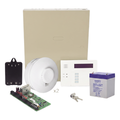 Kit de panel de intrusión de 48 zonas con 2 detectores de humo inalámbricos incluidos, 3 particiones y carga/descarga por Internet