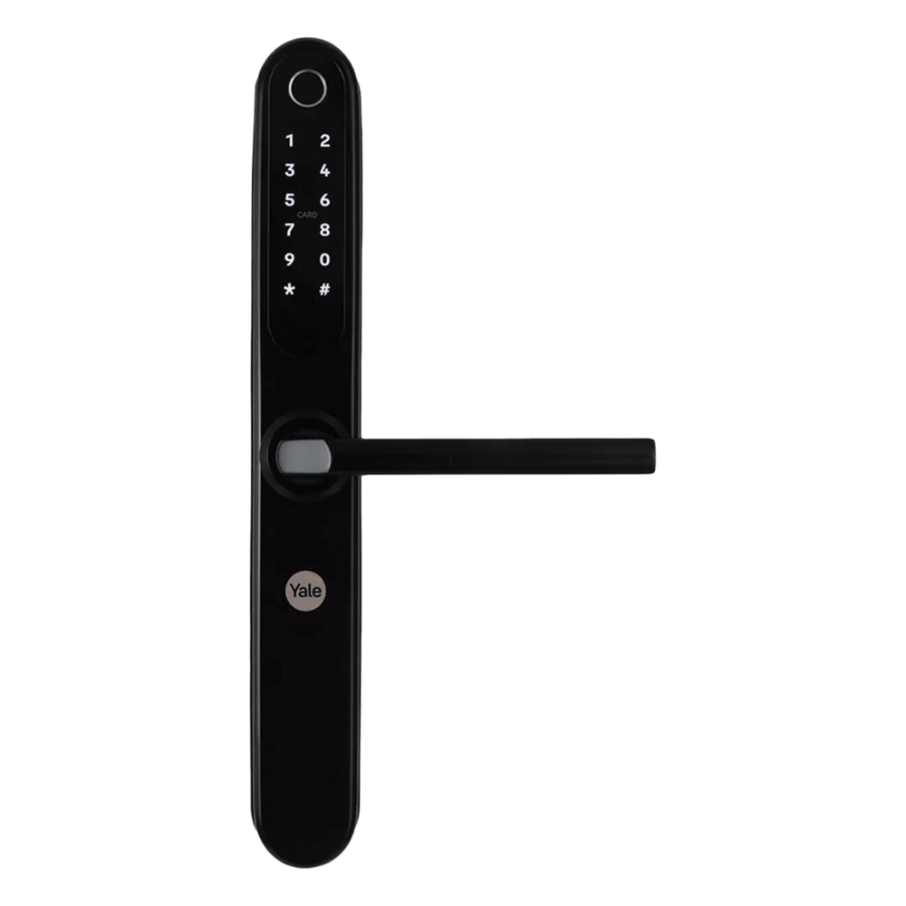 Cerradura Eléctrica Digital Yale YSD100 / Mecanismo 2885 Negro / HUB Yale Connect / 100 Códigos y Huellas / 3 Tarjetas Proximidad / Compatible Alexa y Google / Para Perfiles Aluminio 1"
