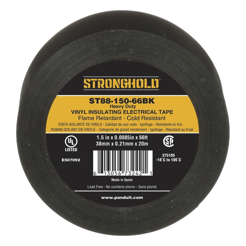 Cinta Eléctrica STRONGHOLD para Aislar, de PVC, Trabajo Pesado Eléctrico Industrial (Soporta UV, abrasión, agua, aceite y corrosión), Grosor de 0.21 mm (8.5 mil), Ancho de 38 mm, y 20 m de Largo, Uso Interior/Exterior, Color Ne