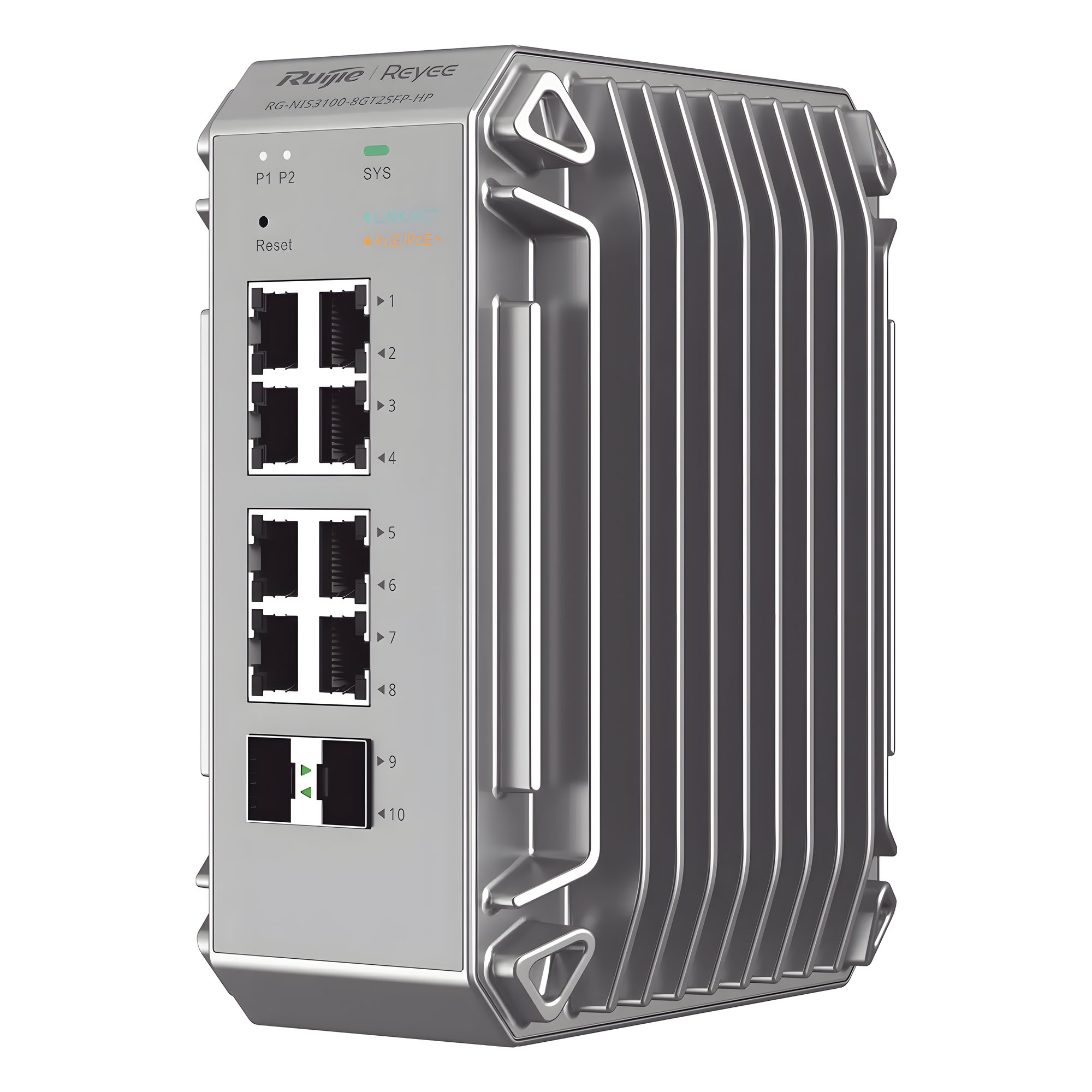 Switch Industrial PoE, Ideal para temperaturas Extremas y protección contra descargas, 8 puertos Gigabit PoE 802.3af/at + 2 SFP para fibra 1Gb, gestión gratuita desde la nube, 125w