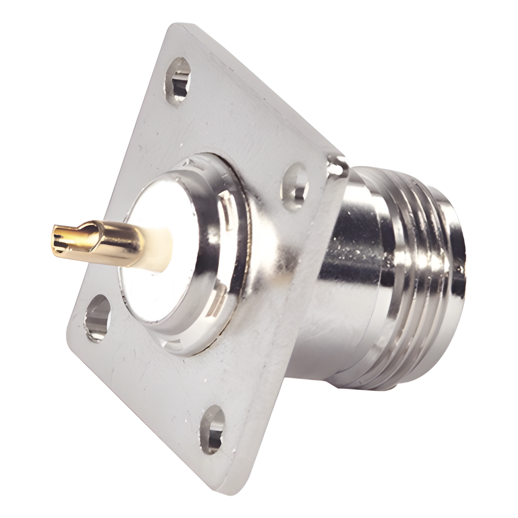 Conector N Hembra para Montaje en Panel, 4 perforaciones a 18 mm, PIN Largo, Plata/ Oro/ Teflón.