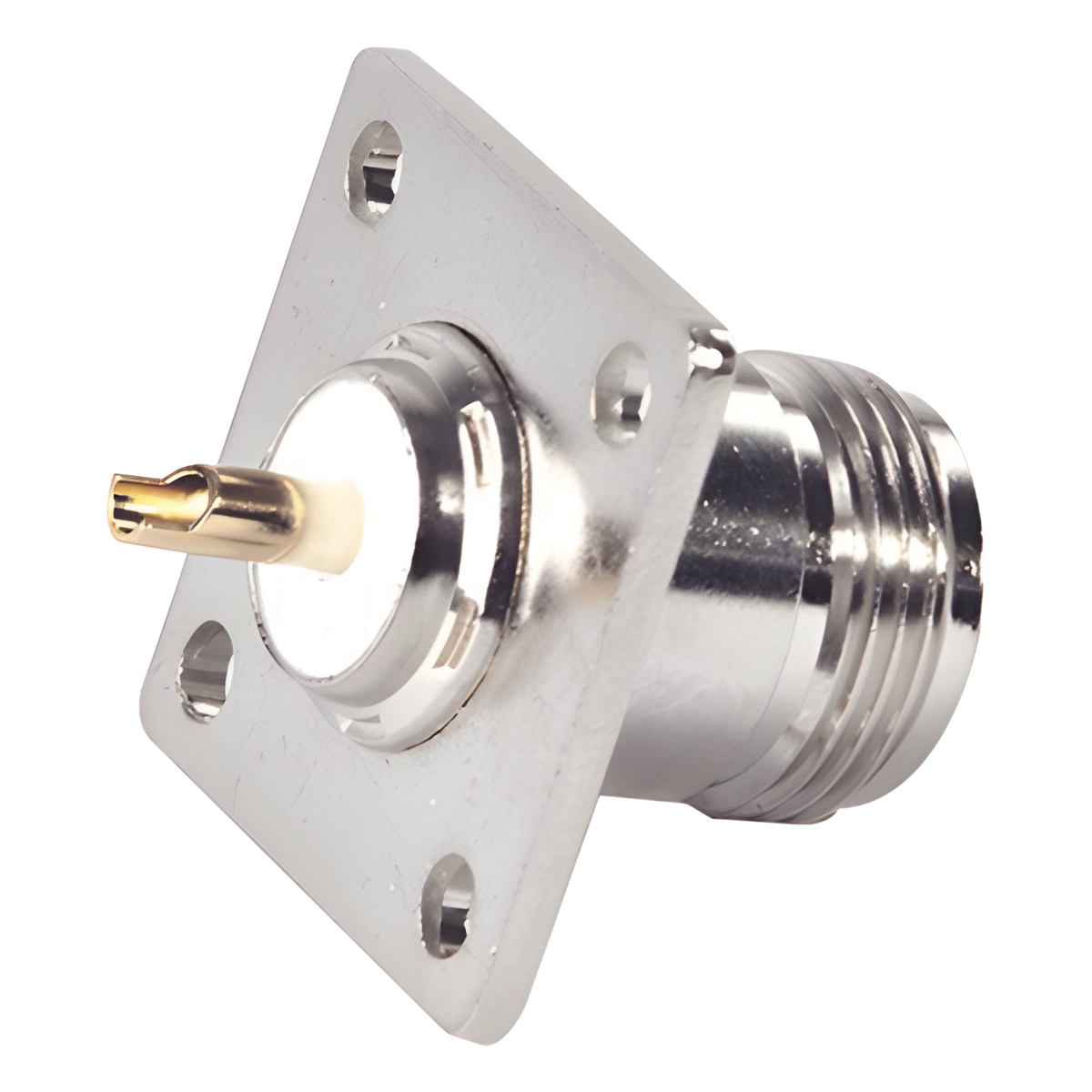 Conector N Hembra para Montaje en Panel, 4 perforaciones a 18 mm, PIN Largo, Plata/ Oro/ Teflón.