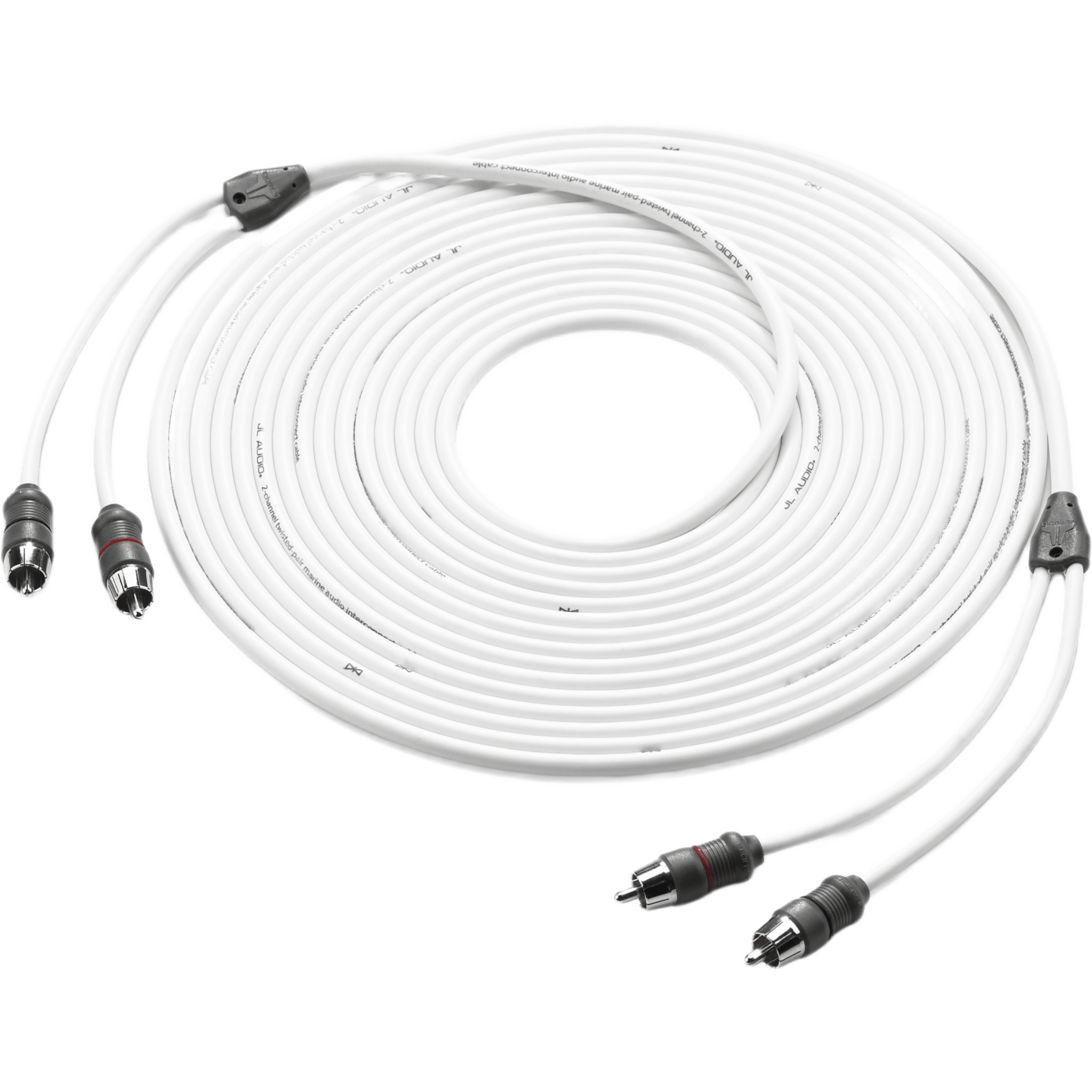 Cable de Interconexión de Audio Náutico JL Audio / 2 Canales / Longitud 7.62 m (25 ft) / Conectores 2 RCA Macho en Cada Extremo / Conductores OFC / Par Trenzado / Aislamiento de Polietileno / Cubierta PVC Flexible / Contactos de Latón