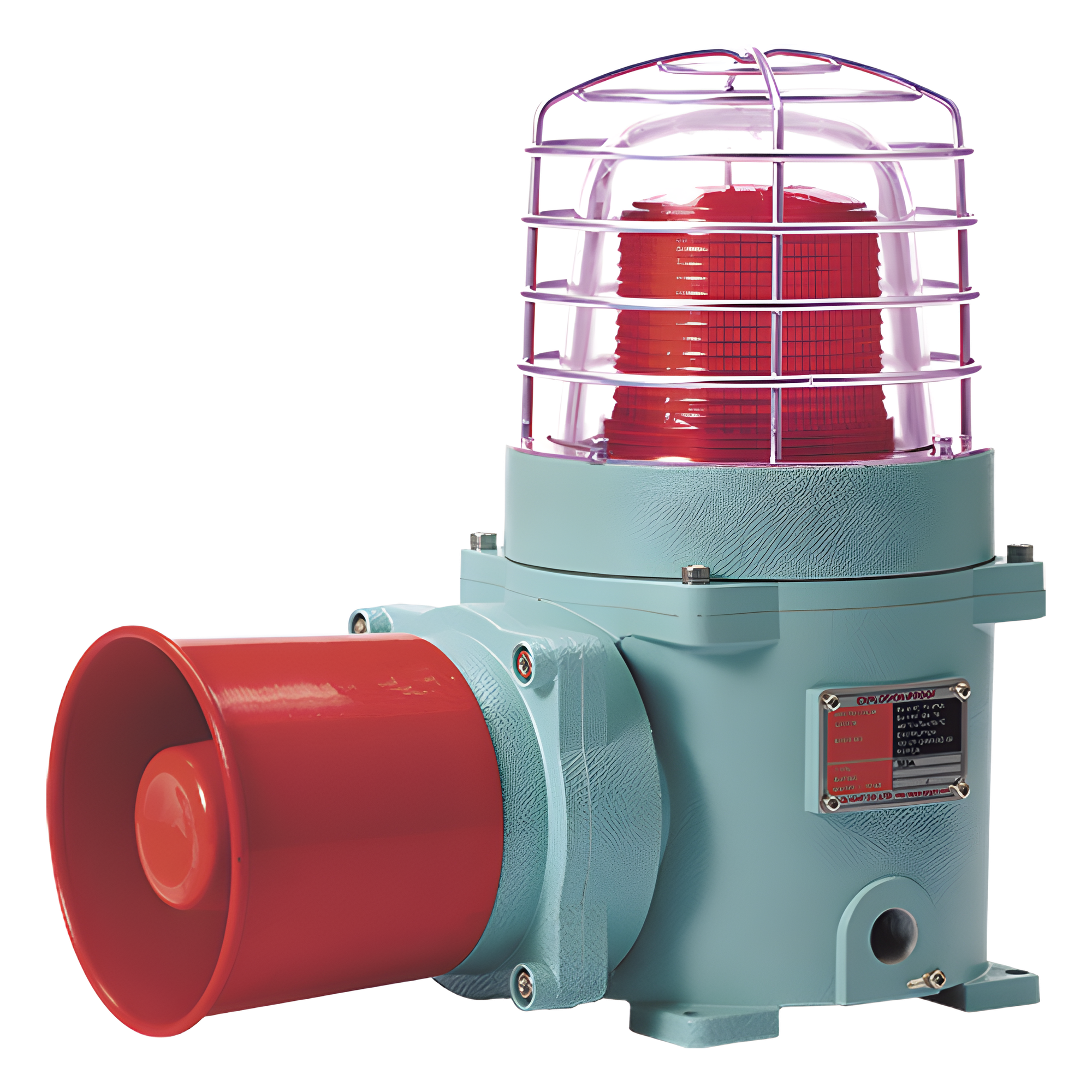 Combinación de baliza LED color Rojo con patrón fijo y flasheante con sirena electrónica, volumen máx. 120 dB para zonas peligrosas a 120 VCA