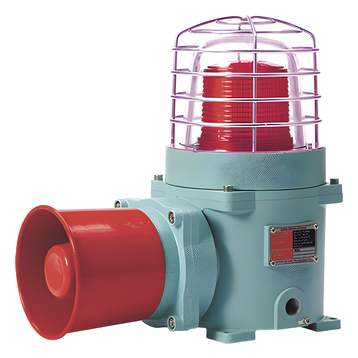Combinación de baliza LED color Rojo con patrón fijo y flasheante con sirena electrónica, volumen máx. 120 dB para zonas peligrosas a 120 VCA