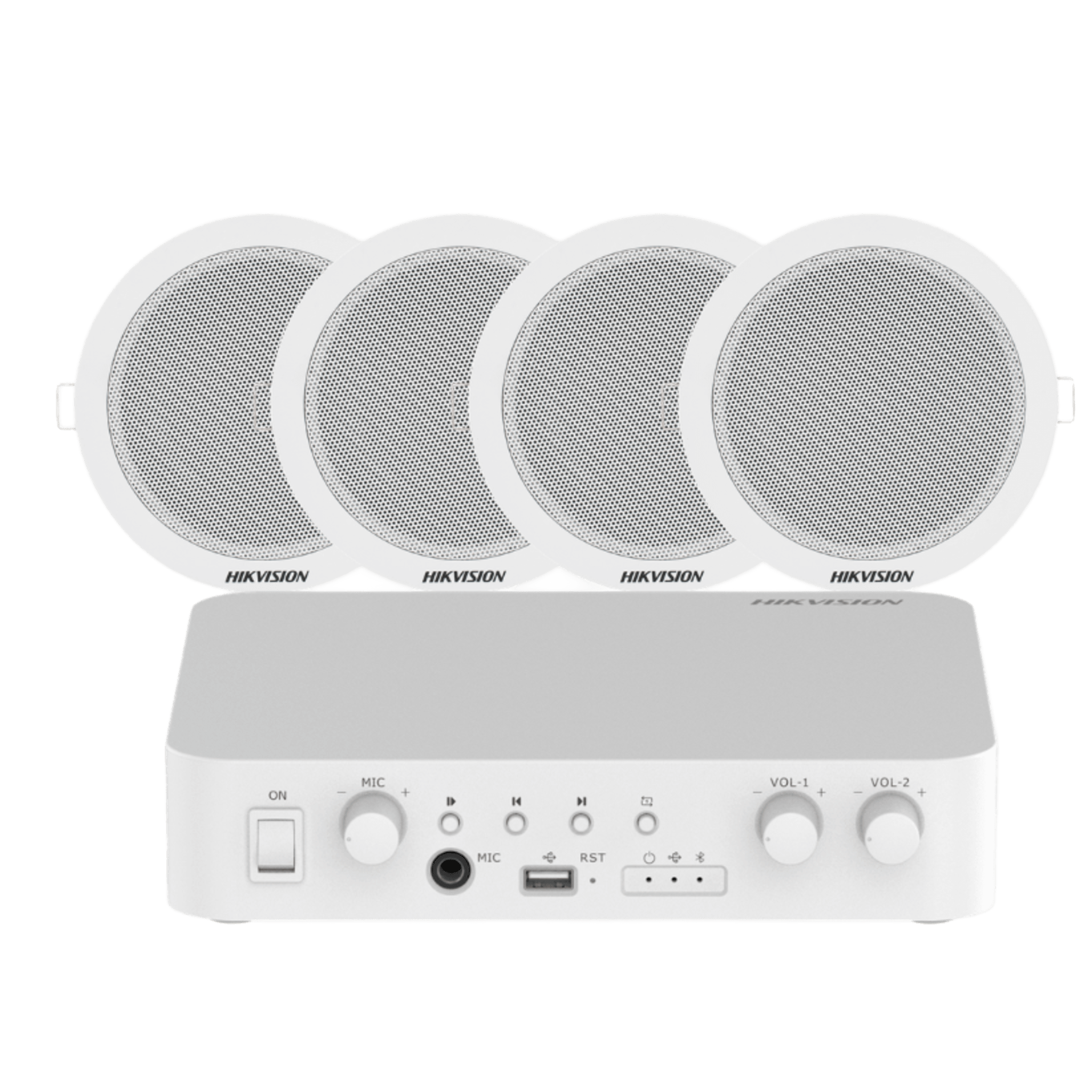 Kit de amplificador compatible con Spotify | bluetooth | 4 altavoces para plafón | sistema 100v | 2 canales con control de volumen independiente | música ambiental