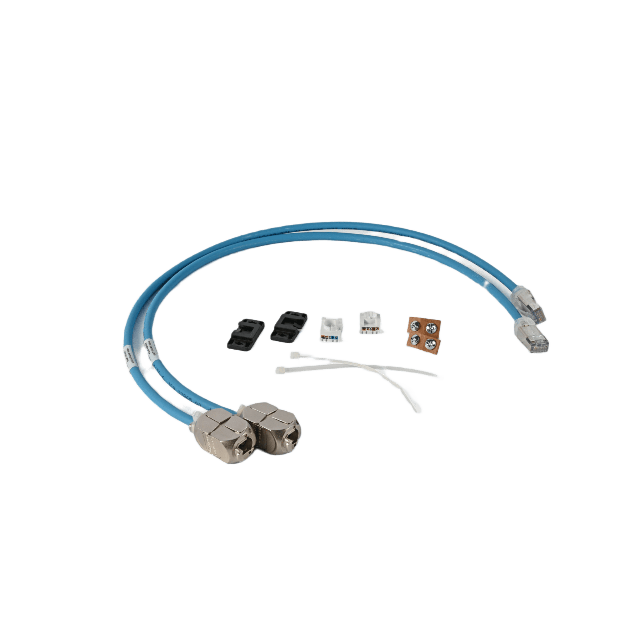 2 Cables In-Line Para Conexión en Campo de Jack a Plug RJ45 Cat6A / Blindado S/FTP / Patch Cord Azul 0.5 m / Ideal para Access Point, Cámaras IP y Gabinetes con Espacios Reducidos / CM/LSOH-1 / 28 AWG / Compatible con PoE / 2 Piezas