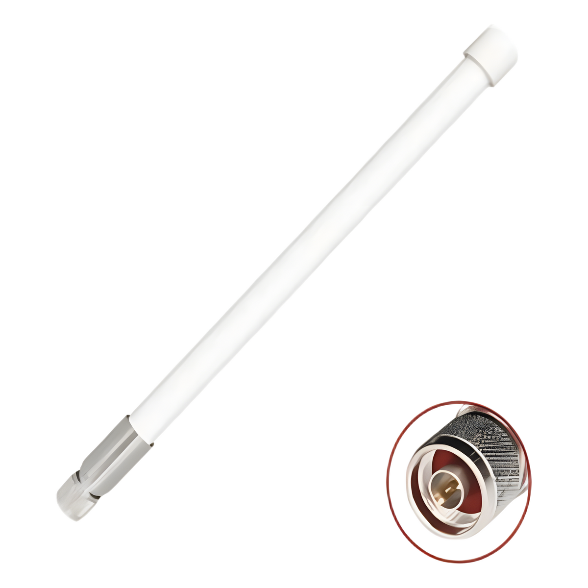 1 Antena Omnidireccional / Doble Banda 2.4 GHz y 5 GHz / Ganancia 7 dBi (2.4 GHz) y 10 dBi (5 GHz) / Exterior / Polarización Vertical / Conector N Macho
