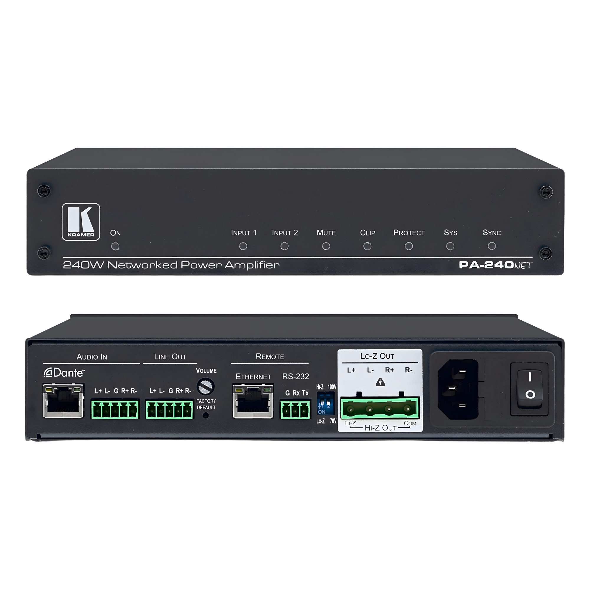 Amplificador de Potencia | 240W | Dante | Hi-Z Lo-Z Seleccionable | DSP Integrado | 32 bits 96 kHz | RS-232 IP Control
