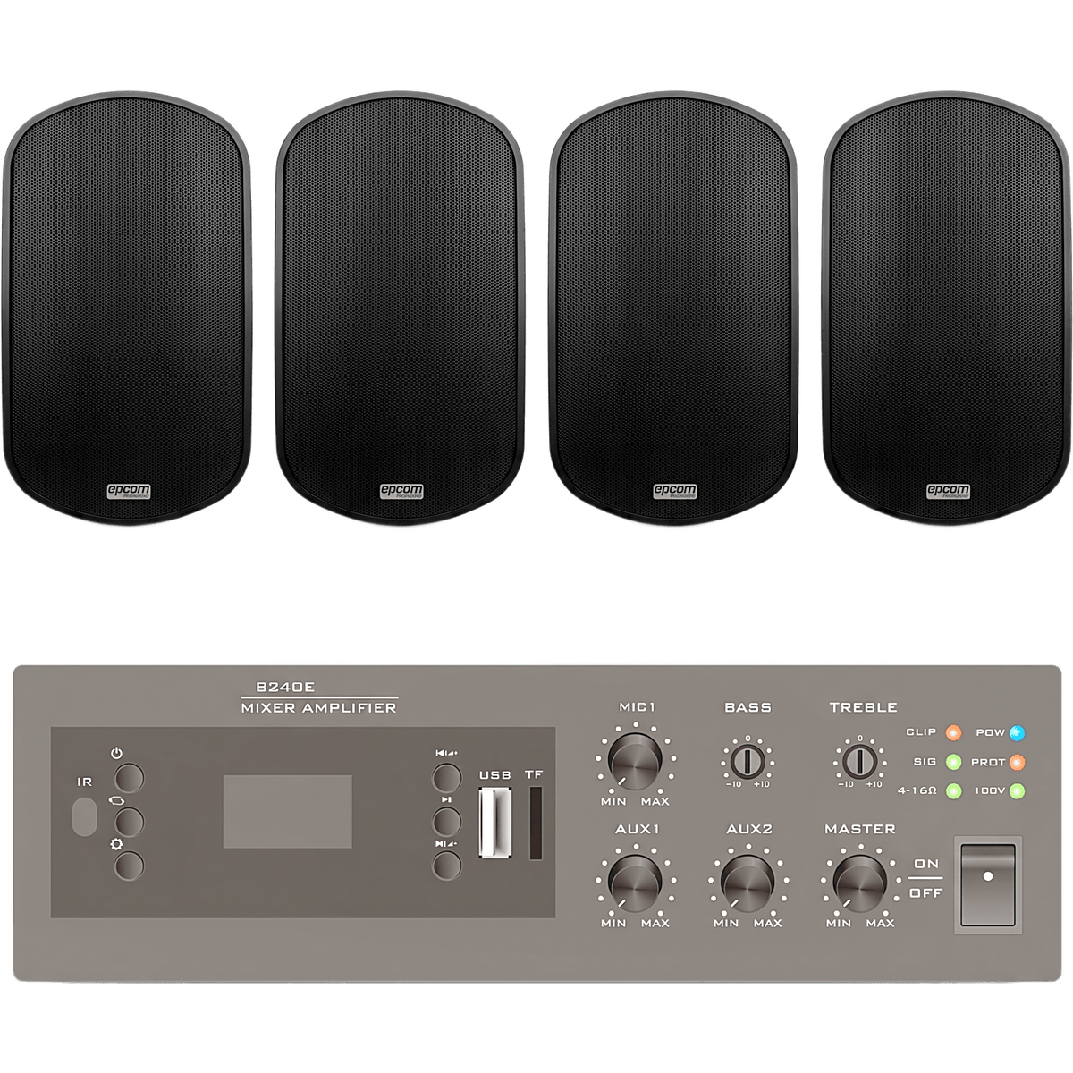 KIT de Amplificador de 240W para Escritorio | 4 Altavoces de Pared color Negro 3W - 50W | Sistema 70/100V