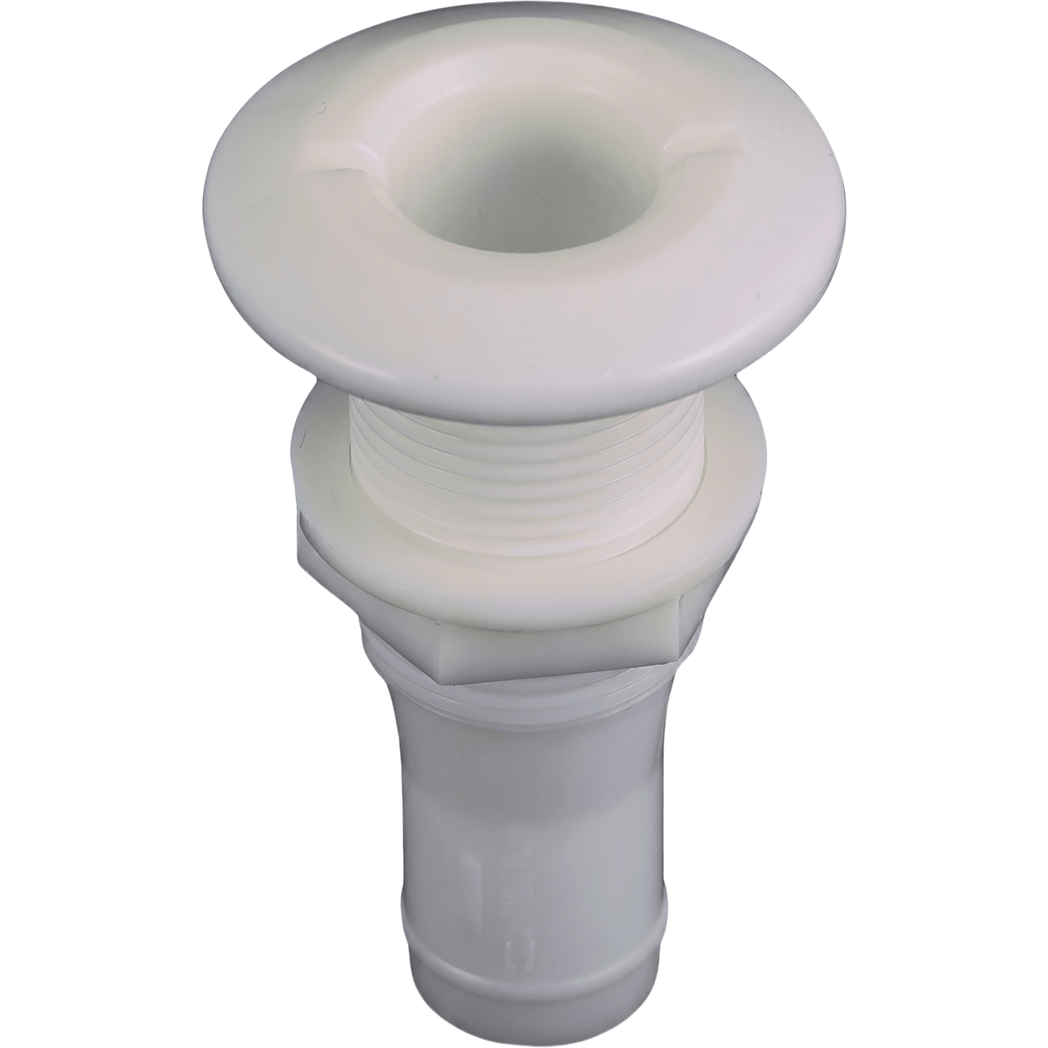Conexión de Casco Pasante 1/2" / Polímero Moldeado / Acabado Blanco / Brida Ancha / Para Mangueras 1/2" / Grosor Casco Hasta 1-7/8"