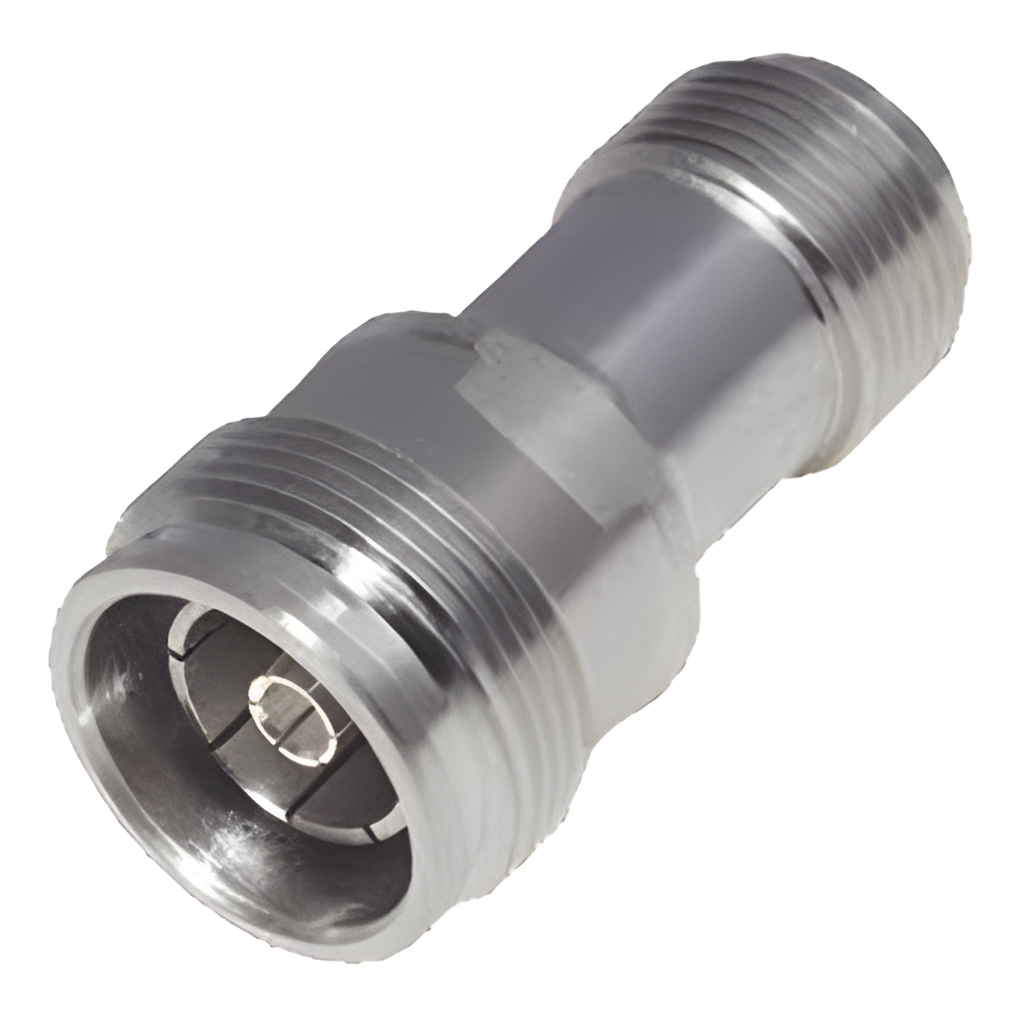 Adaptador en Línea de Conector 4.3-10 Hembra a N Hembra, Bronce Blanco/ Plata/ Teflón.