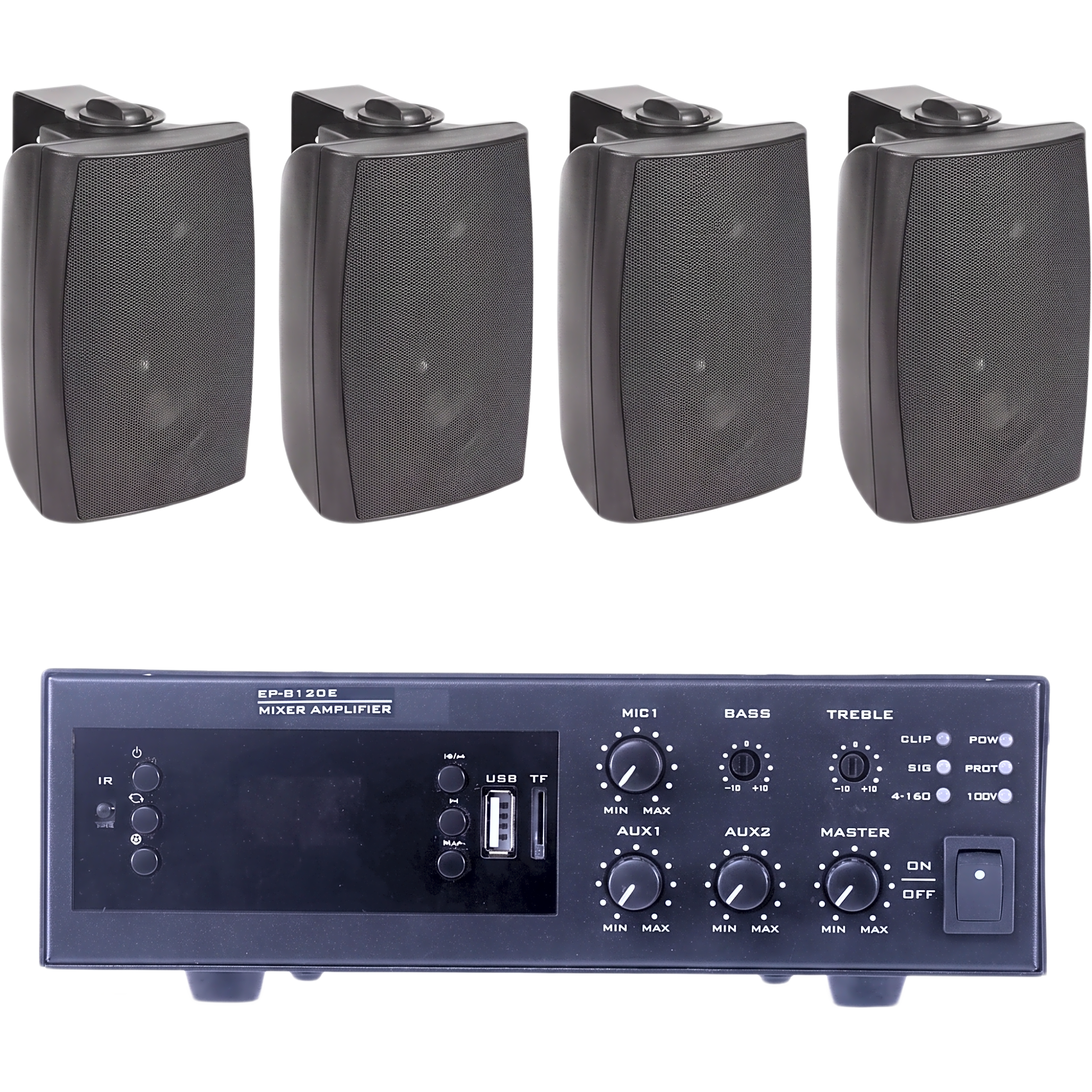 KIT de Amplificador de 120W para Escritorio | 4 Altavoces de Pared color Negro 2.5W - 20W | Sistema 70/100V