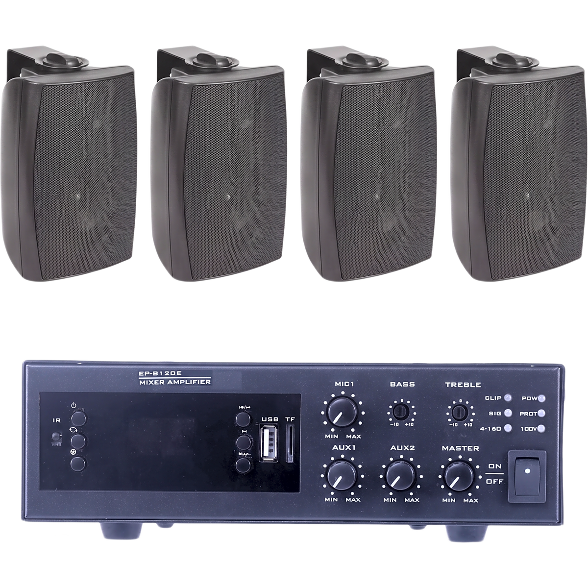 KIT de Amplificador de 120W para Escritorio | 4 Altavoces de Pared color Negro 2.5W - 20W | Sistema 70/100V