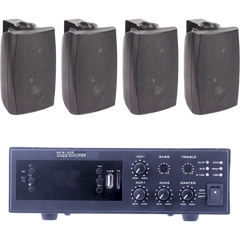 KIT de Amplificador de 120W para Escritorio | 4 Altavoces de Pared color Negro 2.5W - 20W | Sistema 70/100V