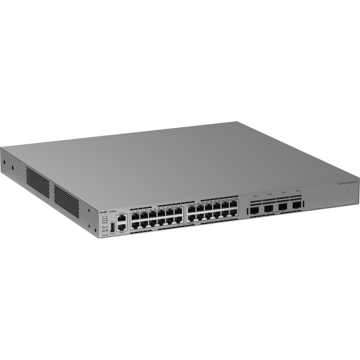 Switch Multi-GE Gestionable / 24 Puertos 2.5G PoE++ / 4 Puertos SFP+ 10G / Capacidad 200 Gbps / Enrutamiento Capa 3 / VSU / Protección Sobretensión 10 kV / Alimentación Redundante / Línea Cybrey