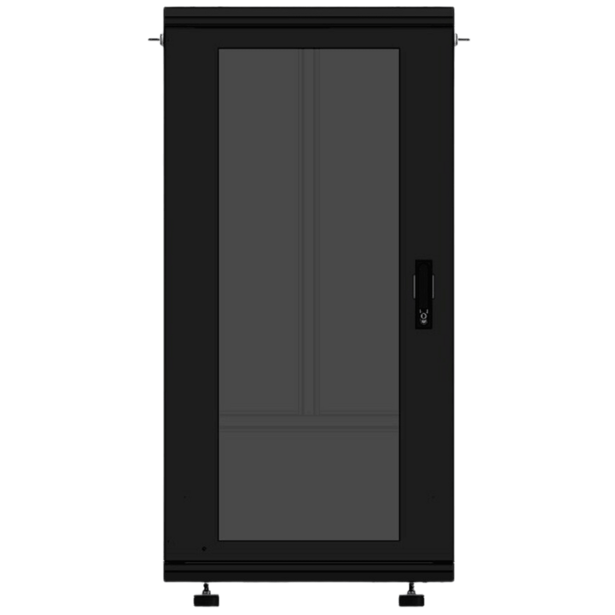 Gabinete Rackeable 19 Pulgadas / 24 Unidades / Piso / Puerta de Cristal / Acero Calibres 16-18-20 / Capacidad 750 Kg / Dimensiones 600x605x1190 mm (23.6x23.8x46.9 in) / Ventilación 120 mm / Cerradura