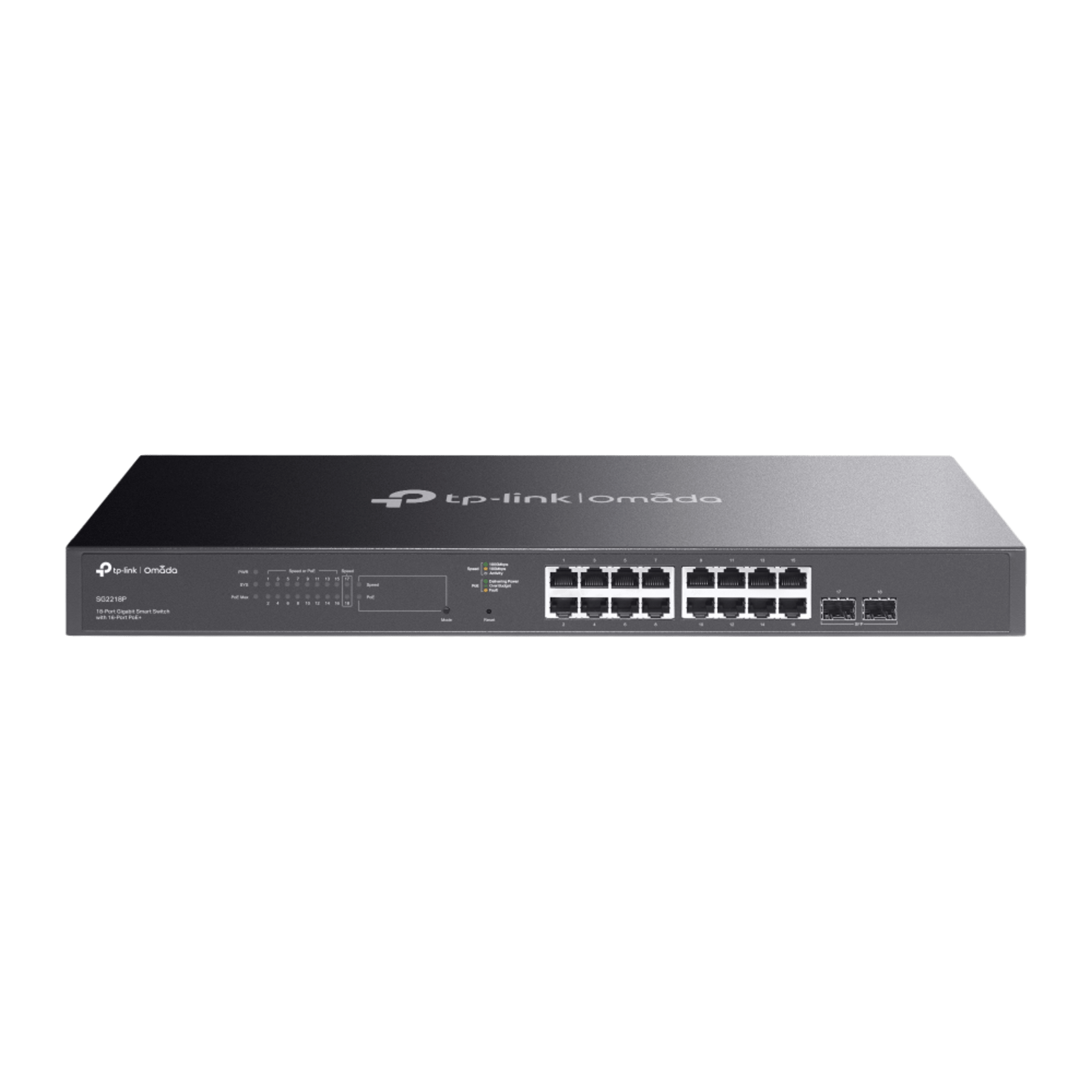 Switch Smart Omada 18 Puertos Gigabit / 16 Puertos PoE+ 802.3af/at / 2 Ranuras SFP Gigabit / Presupuesto PoE 150 W / Switching 36 Gbps / Enrutamiento Estático L2+ / Gestión Cloud SDN / Fanless / Montable en Rack