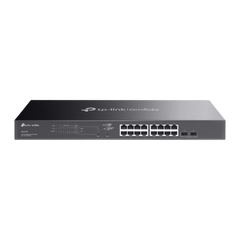 Switch Smart Omada 18 Puertos Gigabit / 16 Puertos PoE+ 802.3af/at / 2 Ranuras SFP Gigabit / Presupuesto PoE 150 W / Switching 36 Gbps / Enrutamiento Estático L2+ / Gestión Cloud SDN / Fanless / Montable en Rack