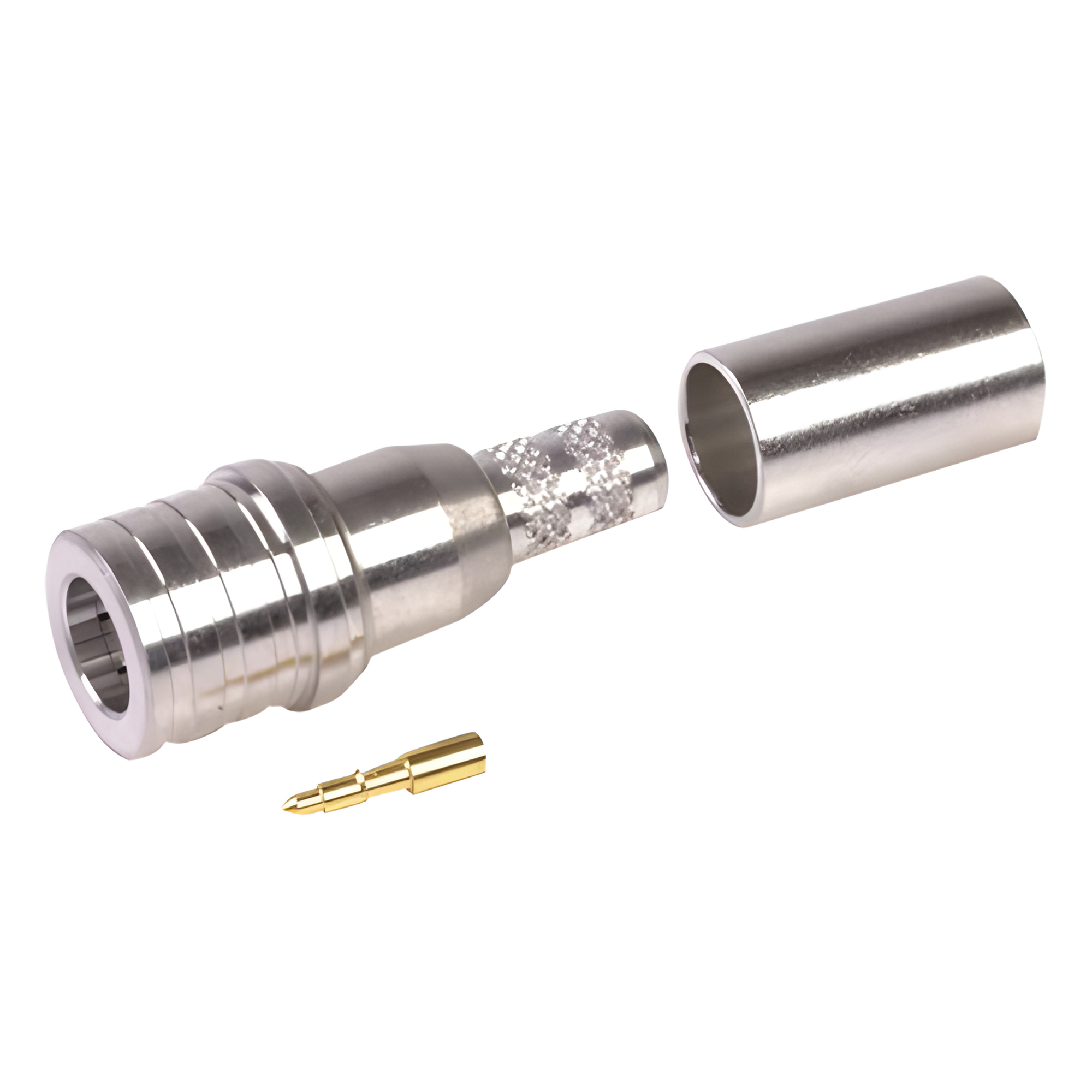 Conector QMA (Quick Mate) Macho, Anillo Plegable en RG-58/U, LMR-195, Bronce Blanco/Oro/Teflón.