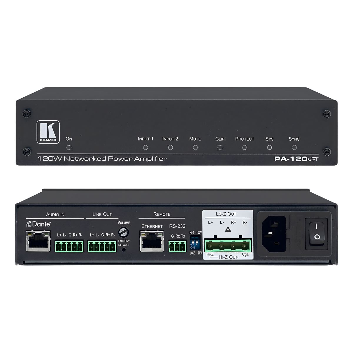 Amplificador de Potencia | 120W | Dante | DSP Integrado | Hi-Z 70V-100V | Lo-Z 4&Omega;-8&Omega; | RS-232 | Control IP
