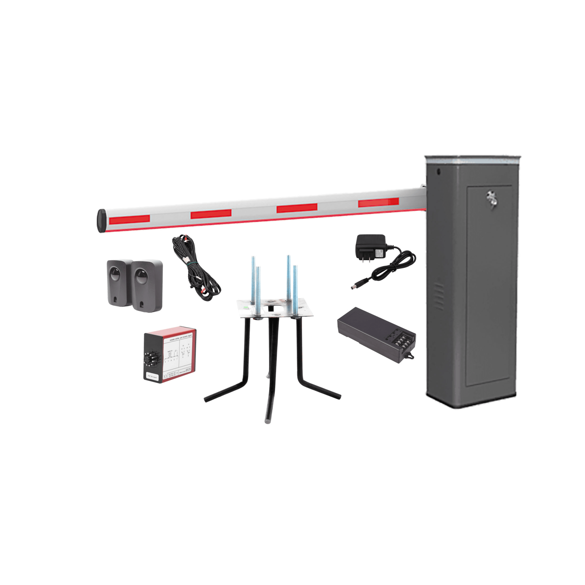 Kit COMPLETO Barrera Izquierda XBF Con Corona LED / Brazo Iluminado de 3M / Incluye Sensor de Masa, Transformador, Lazo Magnético, Ancla, Fotoceldas y 2 Controles Inalámbricos