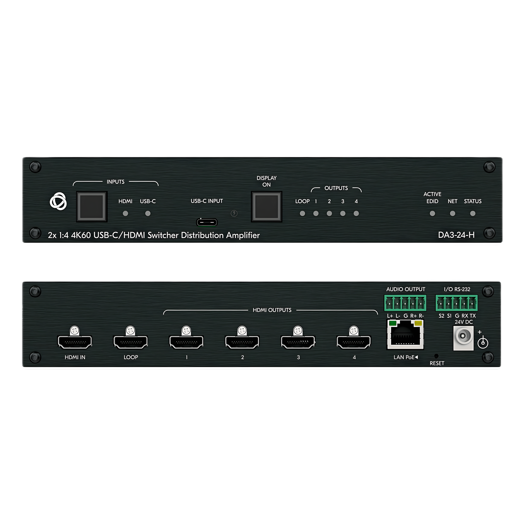 Distribuidor y Switcher 2x1:4 | 4K@60Hz 4:4:4 | HDMI 2.0b | HDCP 2.3 | 18Gbps | EDID Inteligente | Escalado Automático | Audio Analógico | RS-232 | Alimentación 20 VDC | Montaje en Rack 1U | 21.46 cm x 16.30 cm x 4.36 cm (8.45 in x 6.