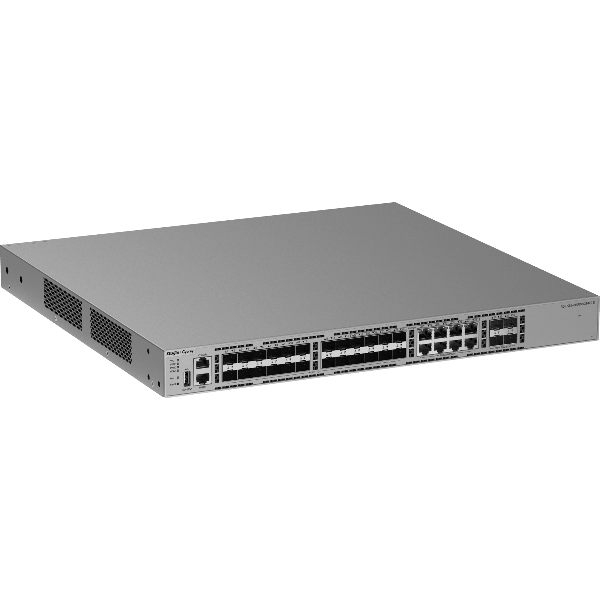 Switch Ethernet 10GE / 24 Puertos 1GE SFP + 4 Puertos 1GE/2.5GE/10GE SFP+ / Capacidad 128 Gbps / Reenvío 95.232 Mpps / CPU Quad Core ARMv8 Cortex-A72 / 1 RU / Alimentación Redundante / VSU / Capa 3 / Línea Cybrey