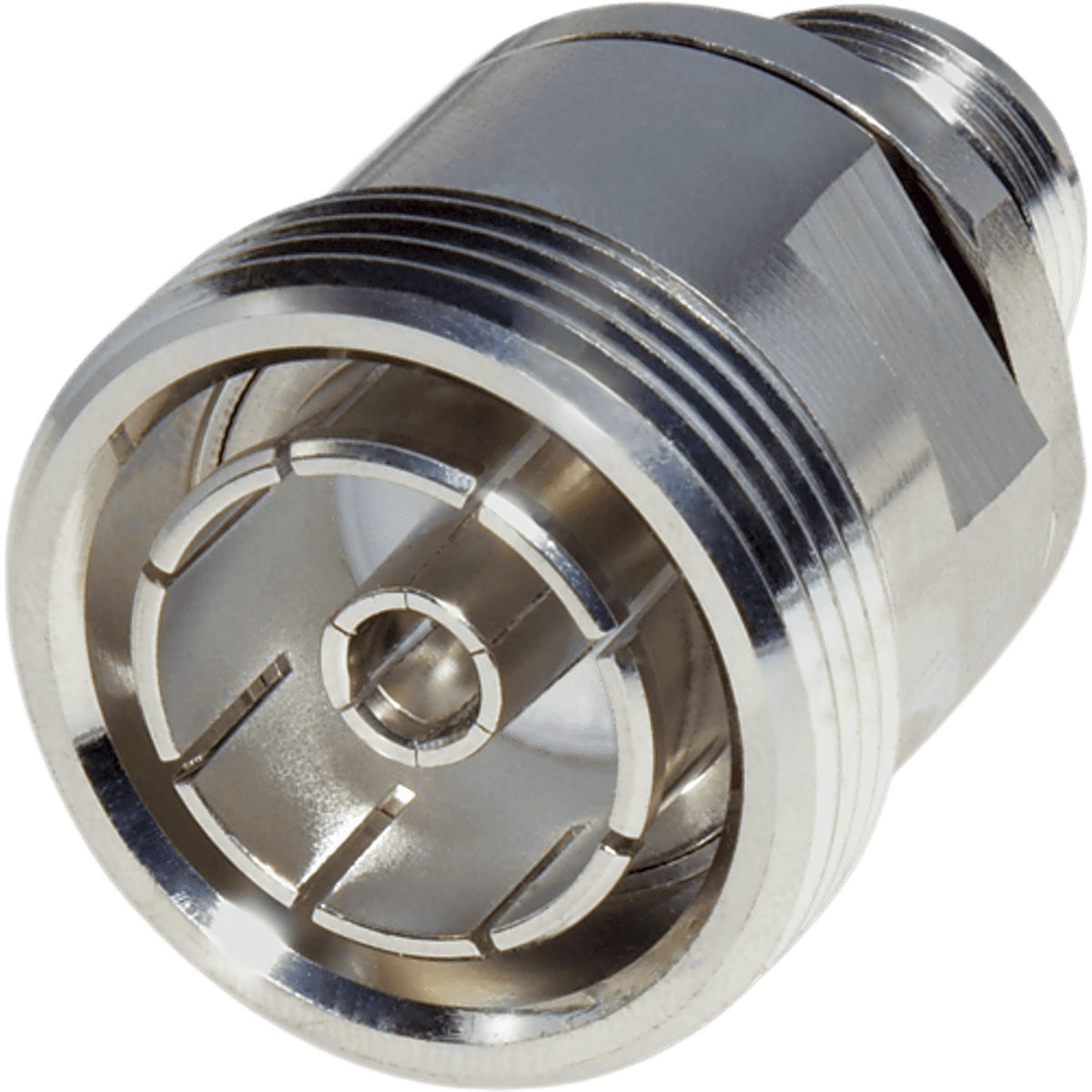 Adaptador en Línea de Conector DIN 7-16 Hembra a N Hembra, Plata / Plata / Teflón.