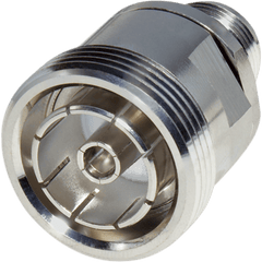Adaptador en Línea de Conector DIN 7-16 Hembra a N Hembra, Plata / Plata / Teflón.